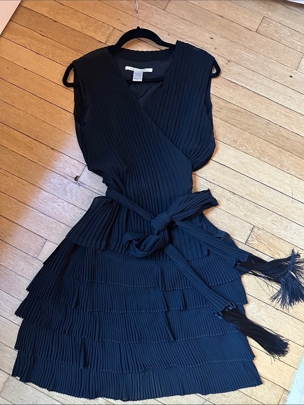 Diane Von Furstenberg Black Sleeveless Pleated Wrap Dress with Tassel Tie